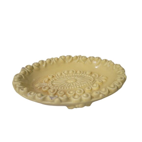 yellow Ornate Oval Footed Regency Glam Ceramic Soap Dish Trinket Tray - Picture 3 of 11